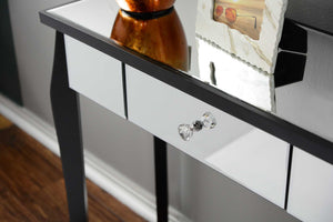 35.5" X 13" X 31" Black MDF Wood Mirrored Glass Console Table with Mirrored Glass Inserts and a Drawer