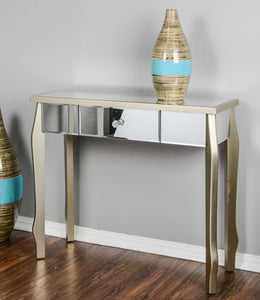 35.5" X 13" X 31" Champagne MDF Wood Mirrored Glass Console Table with Mirrored Glass Inserts and a Drawer