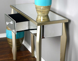 35.5" X 13" X 31" Champagne MDF Wood Mirrored Glass Console Table with Mirrored Glass Inserts and a Drawer