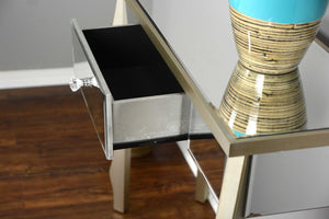 35.5" X 13" X 31" Champagne MDF Wood Mirrored Glass Console Table with Mirrored Glass Inserts and a Drawer