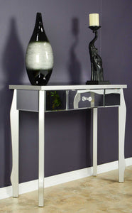 35.5" X 13" X 31" Silver MDF Wood Mirrored Glass Console Table with Mirrored Glass Inserts and a Drawer