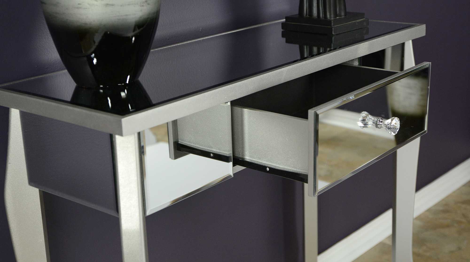 35.5" X 13" X 31" Silver MDF Wood Mirrored Glass Console Table with Mirrored Glass Inserts and a Drawer