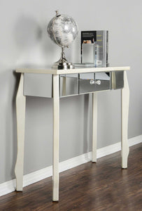 35.5" X 13" X 31" Antique White MDF Wood Mirrored Glass Console Table with Mirrored Glass Inserts and a Drawer