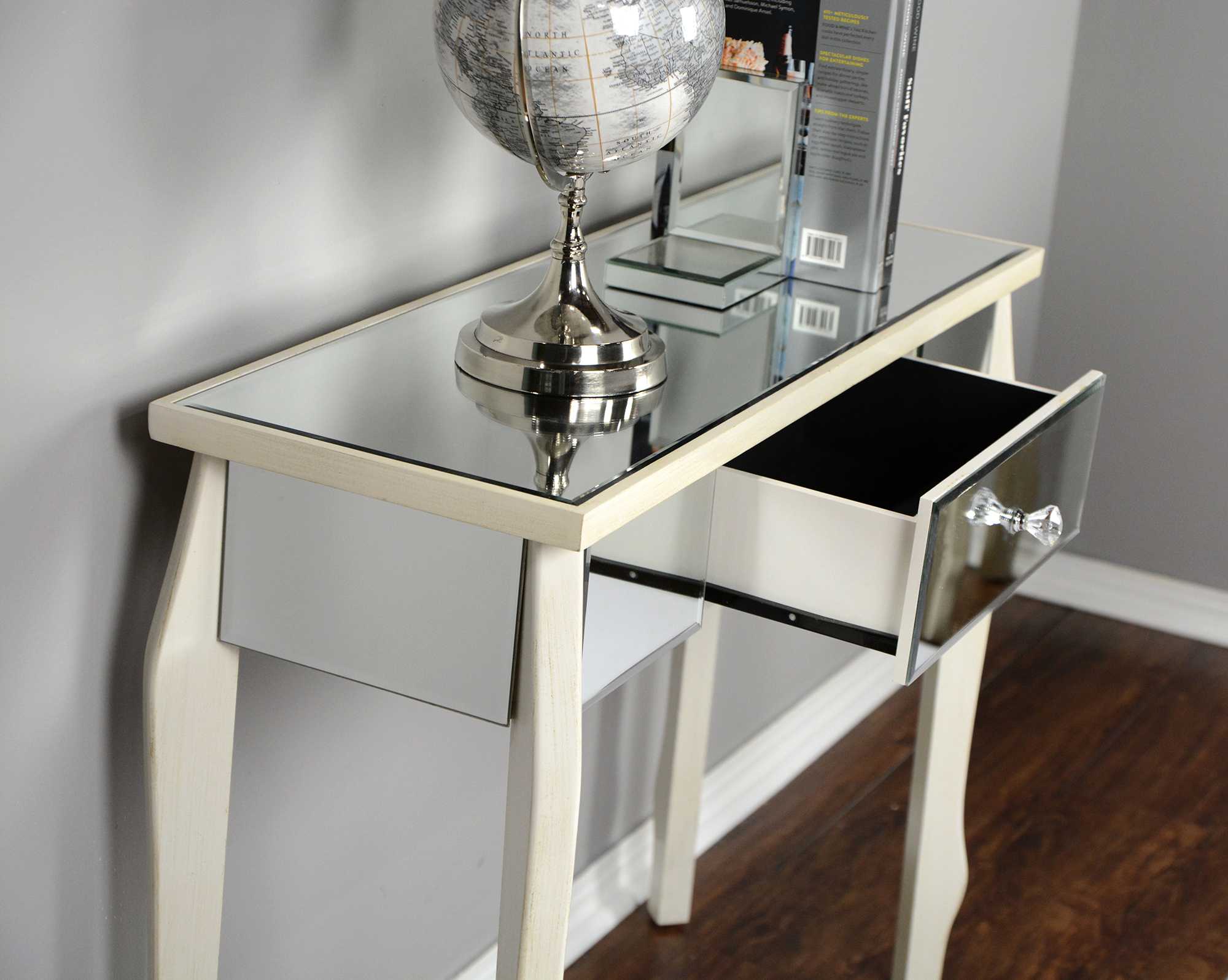 35.5" X 13" X 31" Antique White MDF Wood Mirrored Glass Console Table with Mirrored Glass Inserts and a Drawer