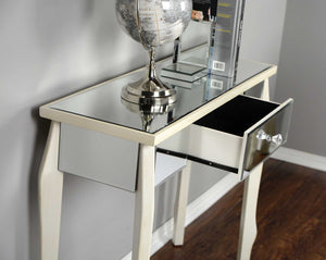 35.5" X 13" X 31" Antique White MDF Wood Mirrored Glass Console Table with Mirrored Glass Inserts and a Drawer