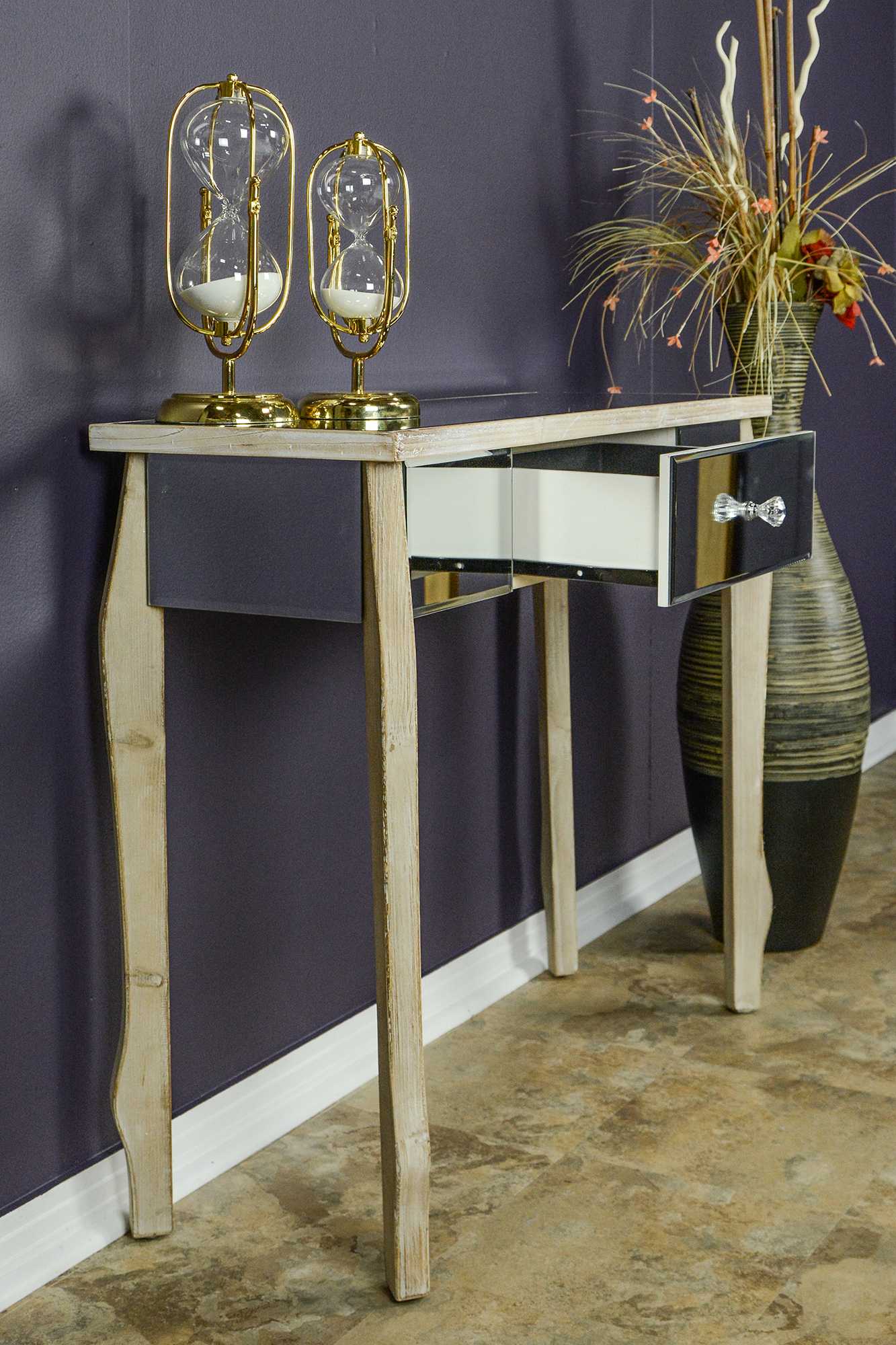 35.5" X 13" X 31" White Washed MDF Wood Mirrored Glass Console Table with Mirrored Glass Inserts and a Drawer