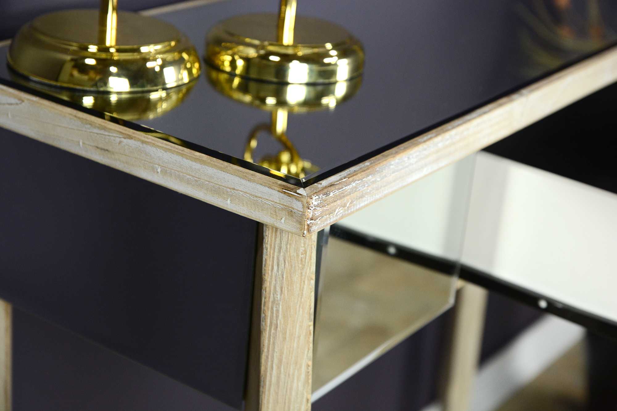 35.5" X 13" X 31" White Washed MDF Wood Mirrored Glass Console Table with Mirrored Glass Inserts and a Drawer