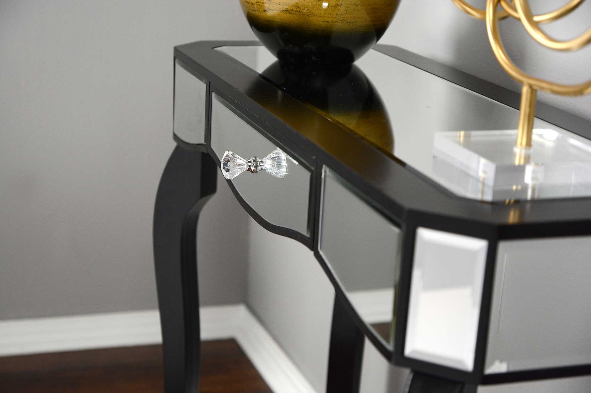 35.5" X 13" X 31" Black MDF Wood Mirrored Glass Console Table with Mirrored Glass Inserts and a Drawer