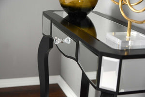 35.5" X 13" X 31" Black MDF Wood Mirrored Glass Console Table with Mirrored Glass Inserts and a Drawer