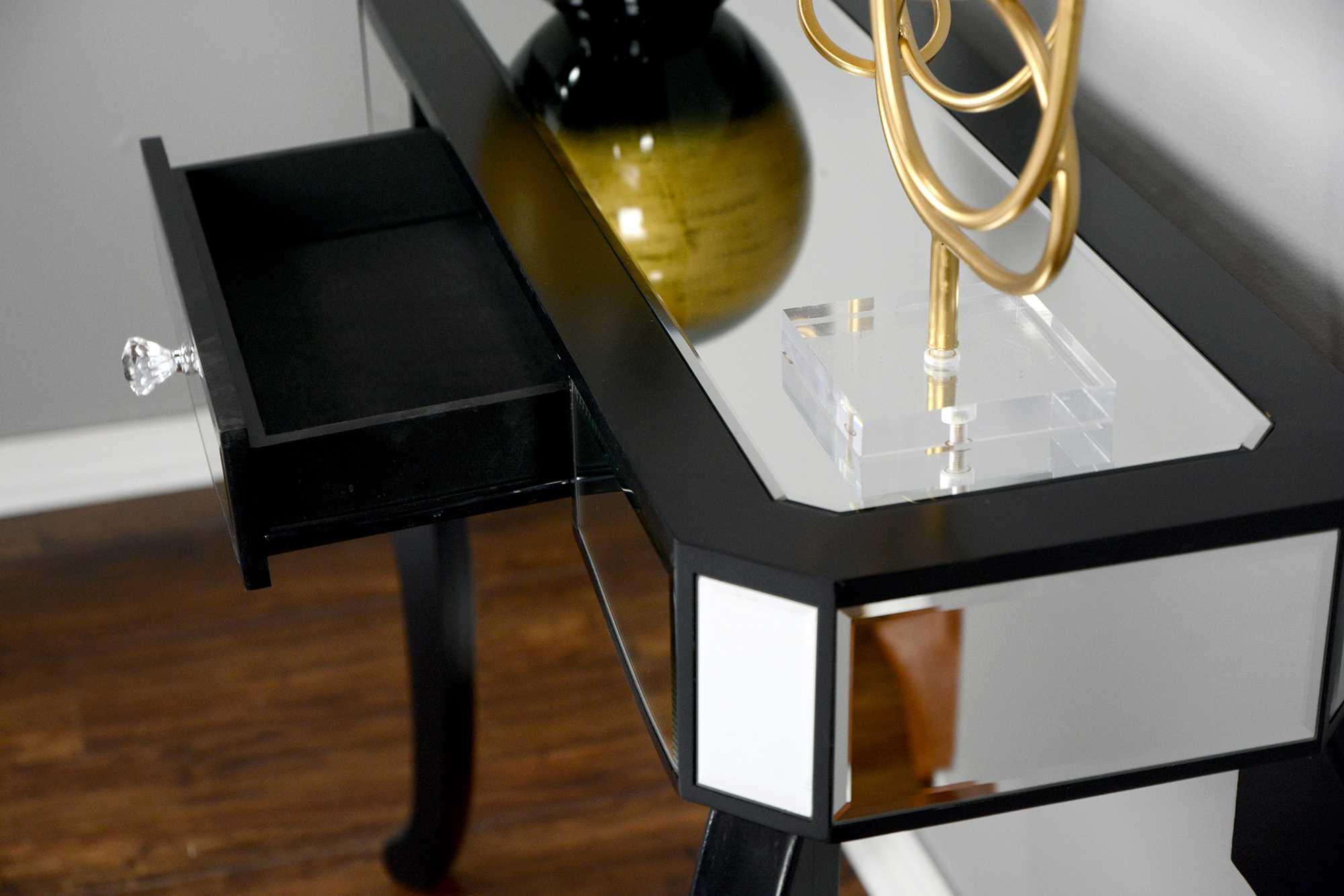 35.5" X 13" X 31" Black MDF Wood Mirrored Glass Console Table with Mirrored Glass Inserts and a Drawer