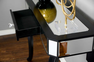 35.5" X 13" X 31" Black MDF Wood Mirrored Glass Console Table with Mirrored Glass Inserts and a Drawer