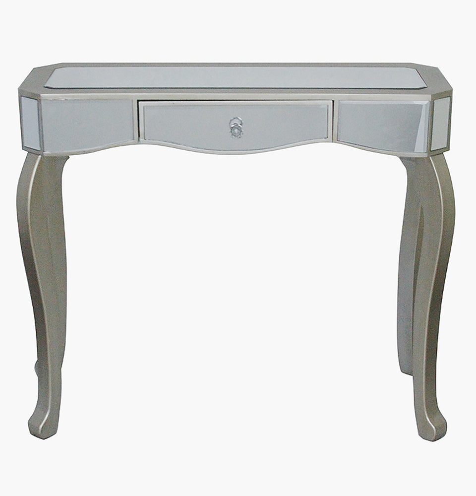 35.5" X 13" X 31" Champagne MDF Wood Mirrored Glass Console Table with Mirrored Glass Inserts and a Drawer