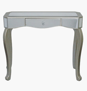 35.5" X 13" X 31" Champagne MDF Wood Mirrored Glass Console Table with Mirrored Glass Inserts and a Drawer