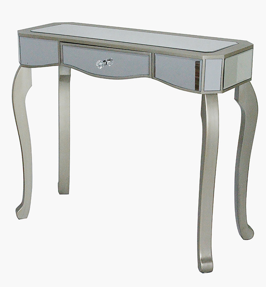 35.5" X 13" X 31" Champagne MDF Wood Mirrored Glass Console Table with Mirrored Glass Inserts and a Drawer