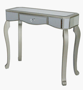 35.5" X 13" X 31" Champagne MDF Wood Mirrored Glass Console Table with Mirrored Glass Inserts and a Drawer