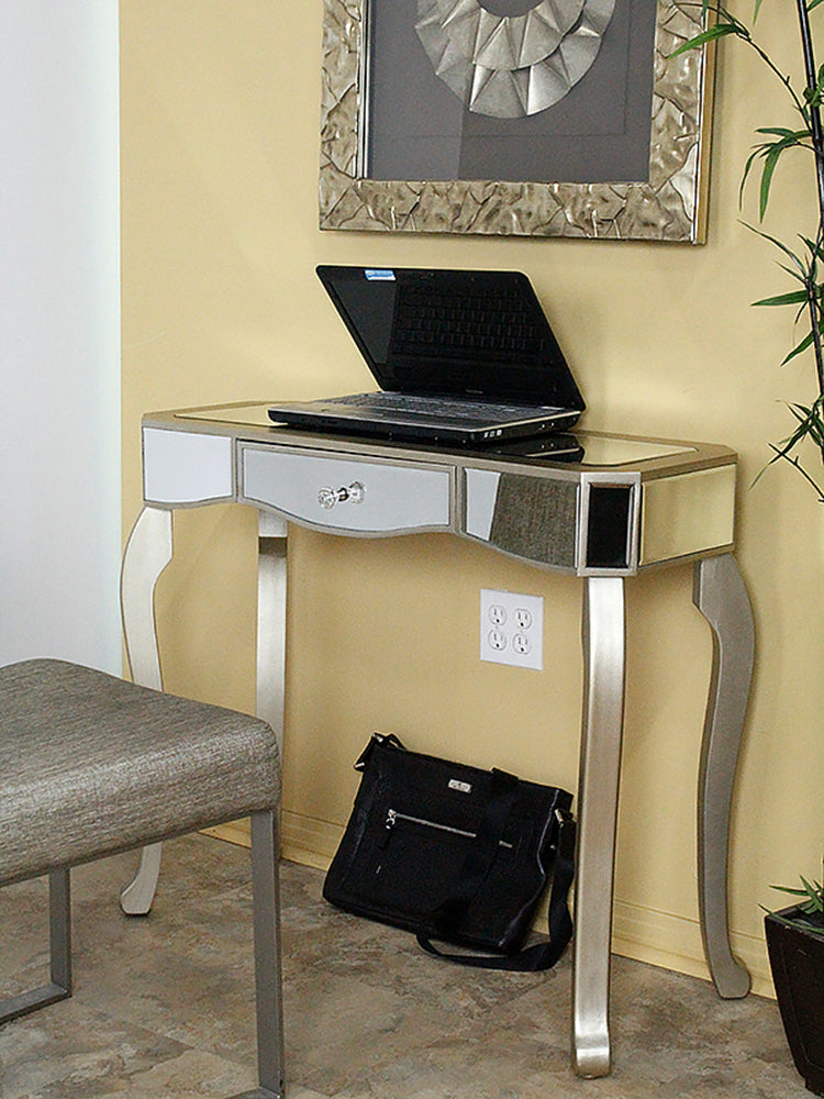 35.5" X 13" X 31" Champagne MDF Wood Mirrored Glass Console Table with Mirrored Glass Inserts and a Drawer