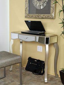 35.5" X 13" X 31" Champagne MDF Wood Mirrored Glass Console Table with Mirrored Glass Inserts and a Drawer