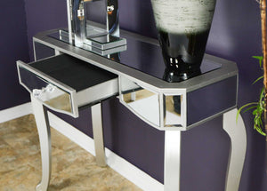 35.5" X 13" X 31" Silver MDF Wood Mirrored Glass Console Table with Mirrored Glass Inserts and a Drawer