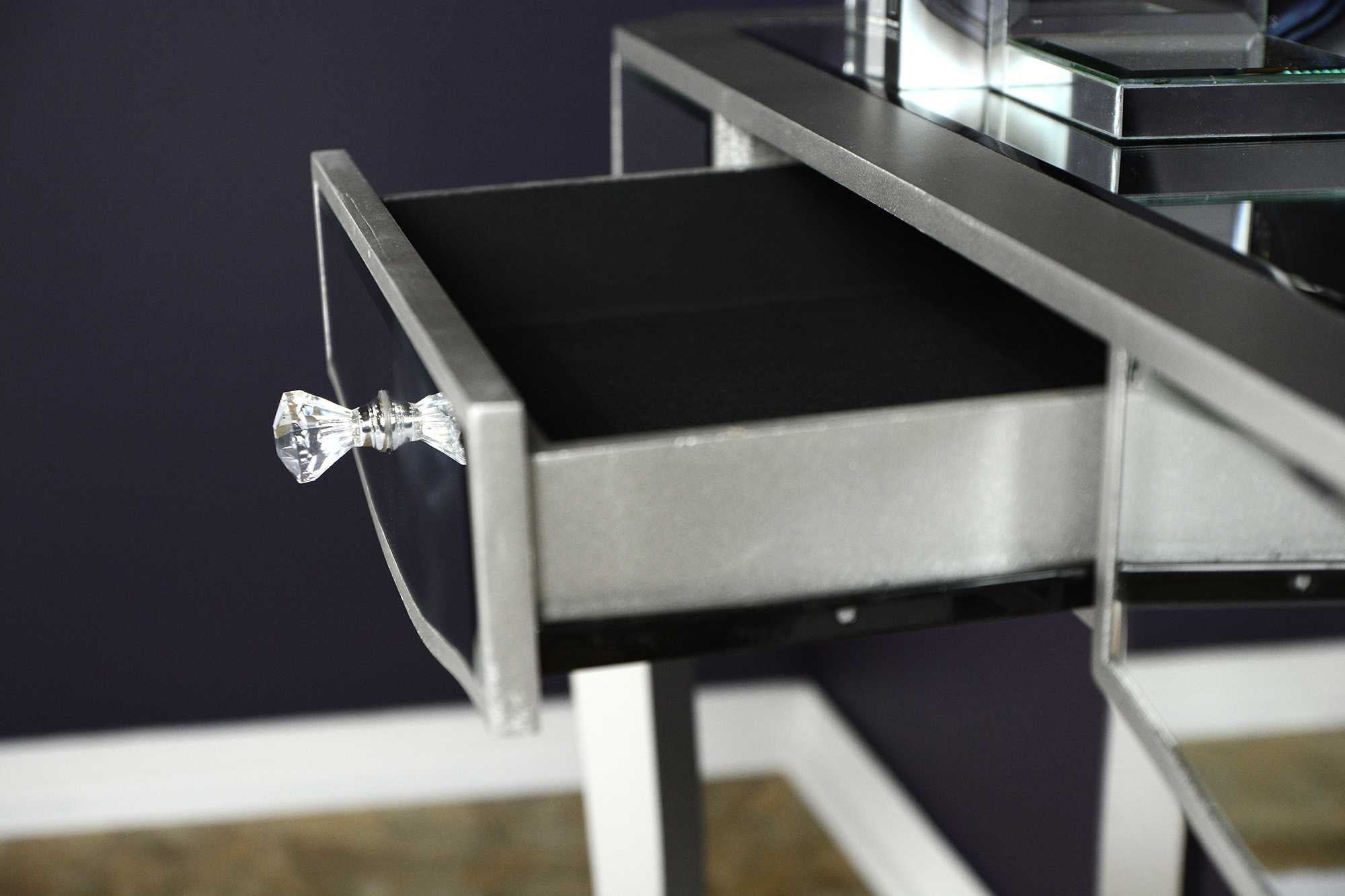 35.5" X 13" X 31" Silver MDF Wood Mirrored Glass Console Table with Mirrored Glass Inserts and a Drawer
