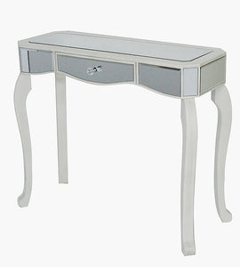 35.5" X 13" X 31" Antique White MDF Wood Mirrored Glass Console Table with Mirrored Glass Inserts and a Drawer