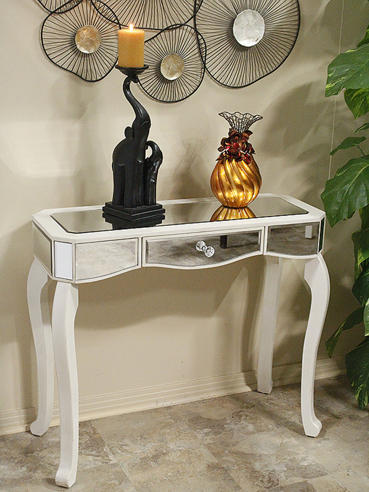 35.5" X 13" X 31" Antique White MDF Wood Mirrored Glass Console Table with Mirrored Glass Inserts and a Drawer
