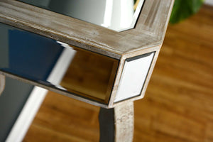 35.5" X 13" X 31" White Washed MDF Wood Mirrored Glass Console Table with Mirrored Glass Inserts and a Drawer