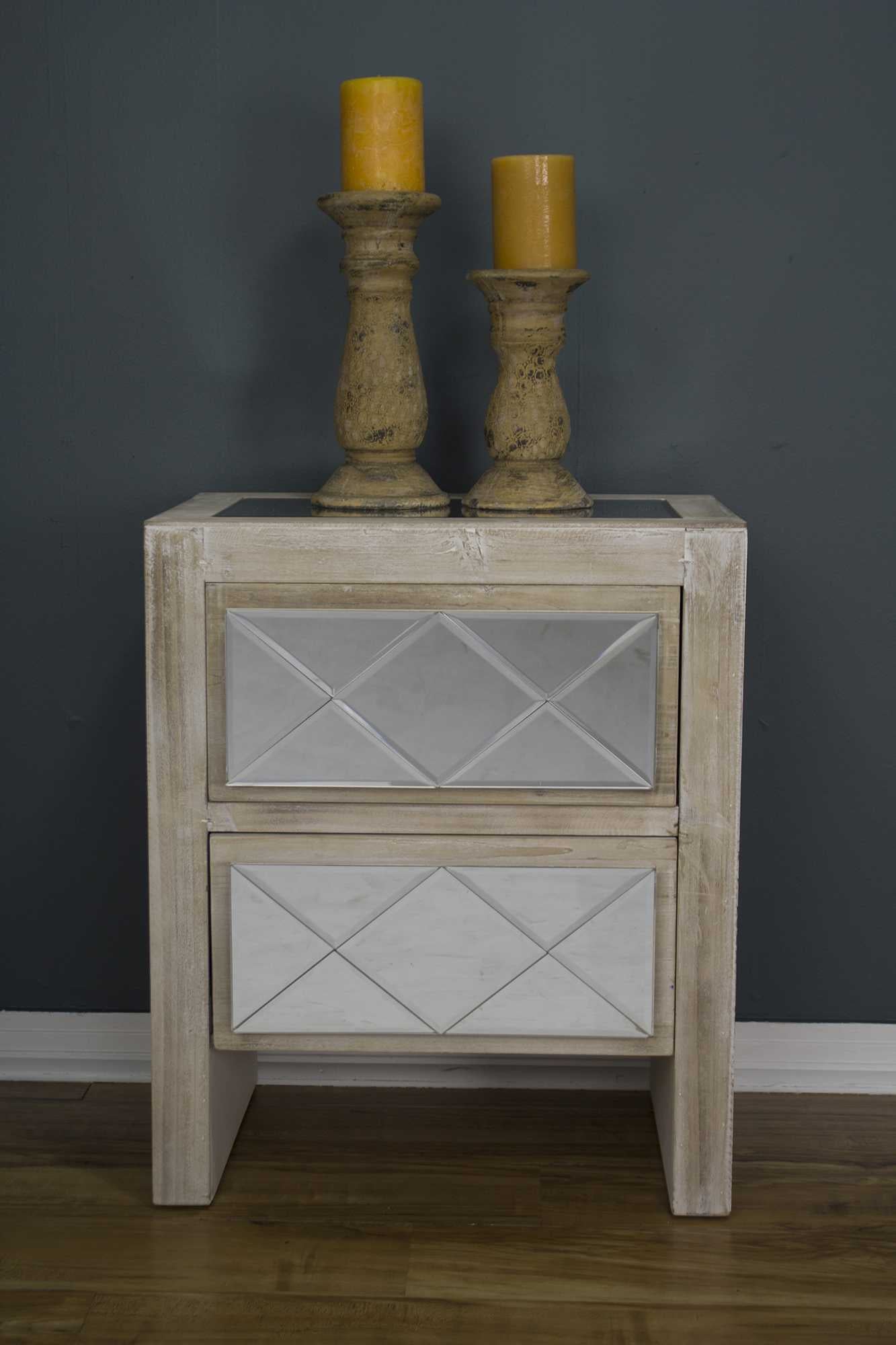 19.6" X 13.8" X 23.6" White Washed MDF Wood Mirrored Glass Cabinet with Drawers and Mirrored Glass