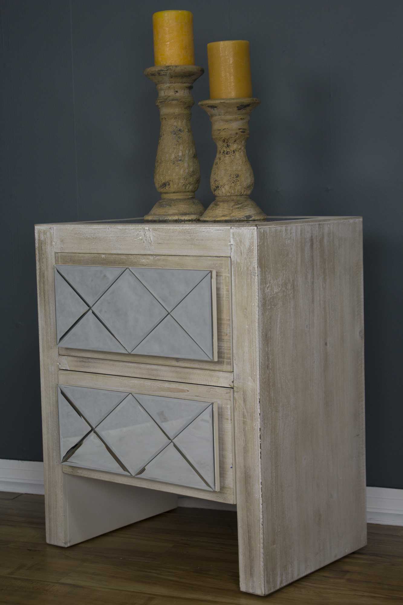 19.6" X 13.8" X 23.6" White Washed MDF Wood Mirrored Glass Cabinet with Drawers and Mirrored Glass