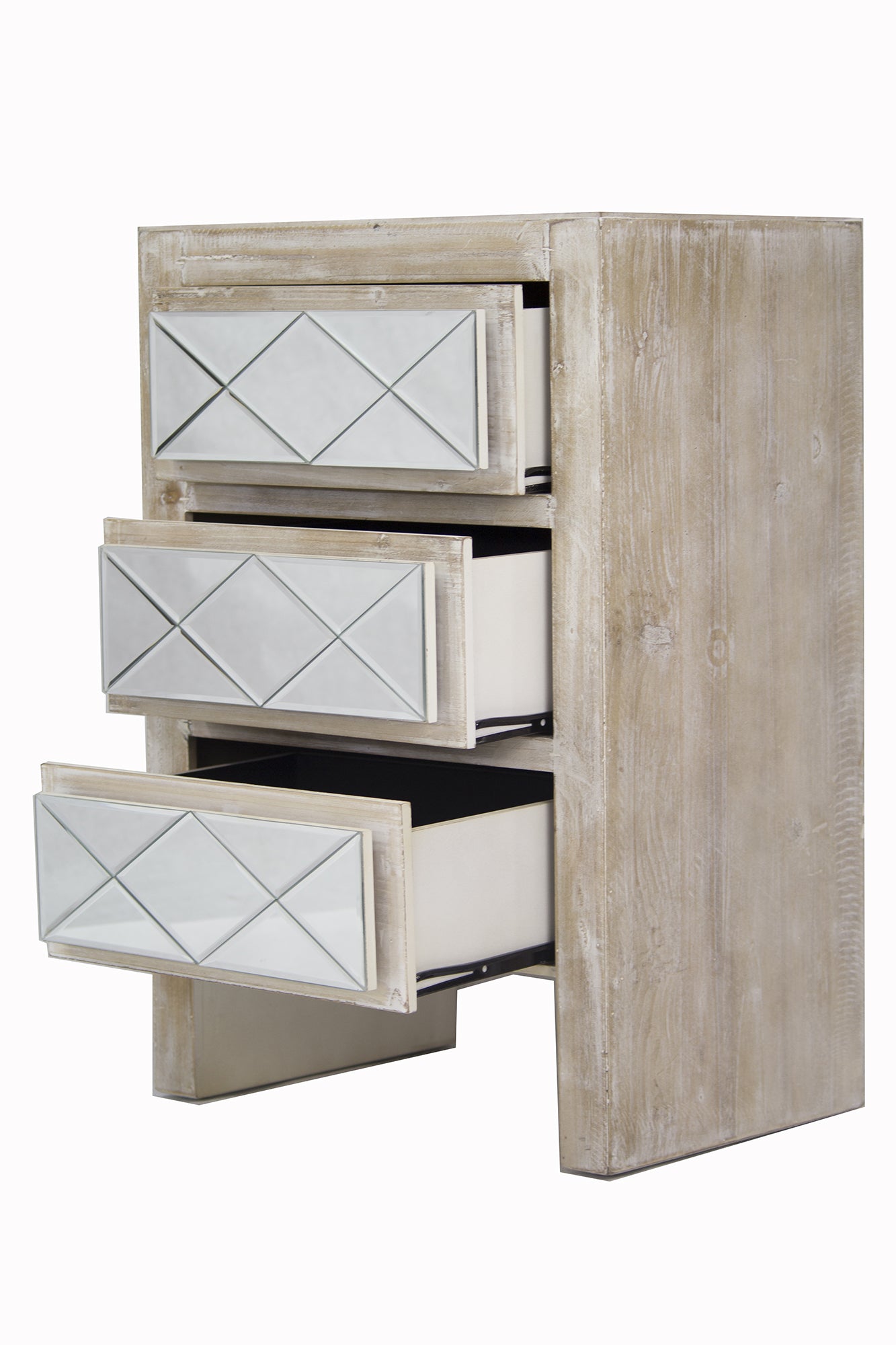 19.6" X 13.8" X 29" White Washed MDF Wood Mirrored Glass Accent Cabinet with Drawers and Mirrored Glass