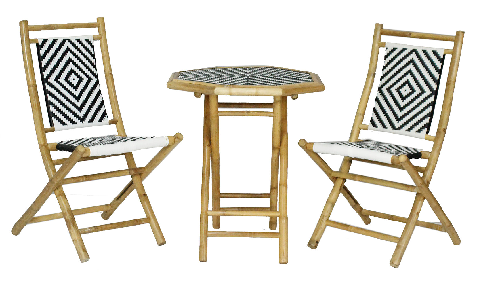 20" X 15" X 36" Natural Bamboo  Black and White Poly-Rattan Bamboo Set of  Chairs and a Table