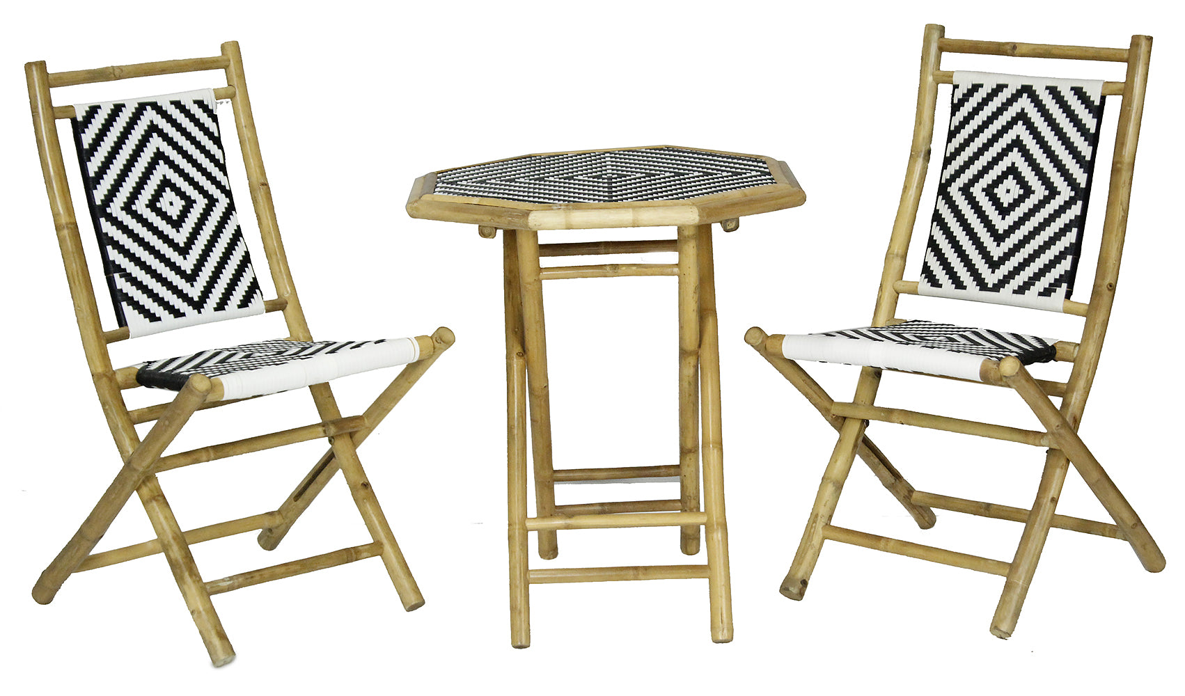 20" X 15" X 36" Natural Bamboo  Black and White Poly-Rattan Bamboo Set of  Chairs and a Table