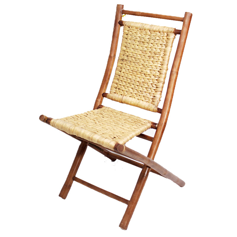 20" X 15" X 36" Brown Natural Bamboo Folding Chairs with an Open Link Hyacinth Weave