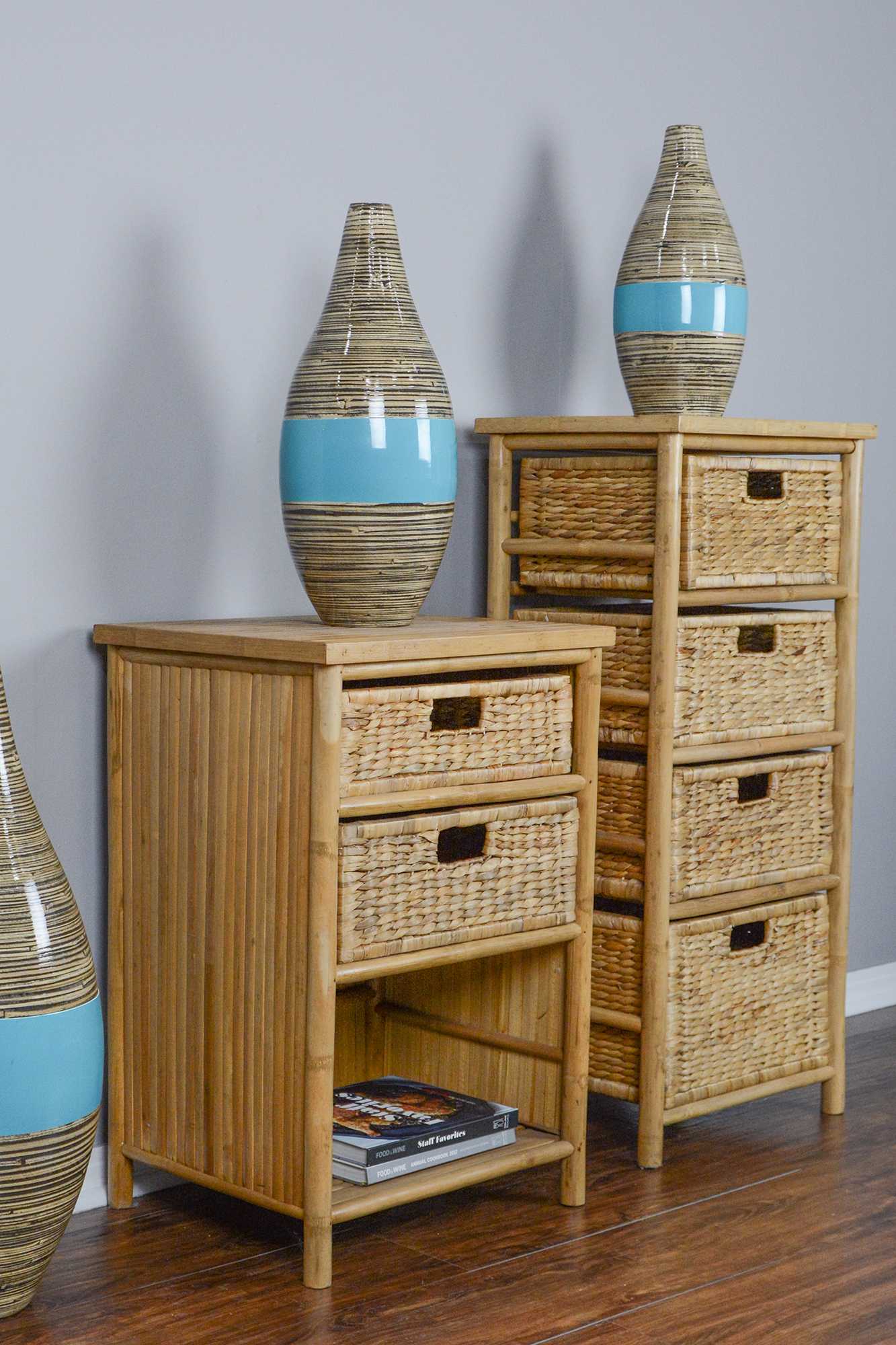 19" X 15.75" X 23.75" Natural Bamboo End Table with Baskets and a Shelf