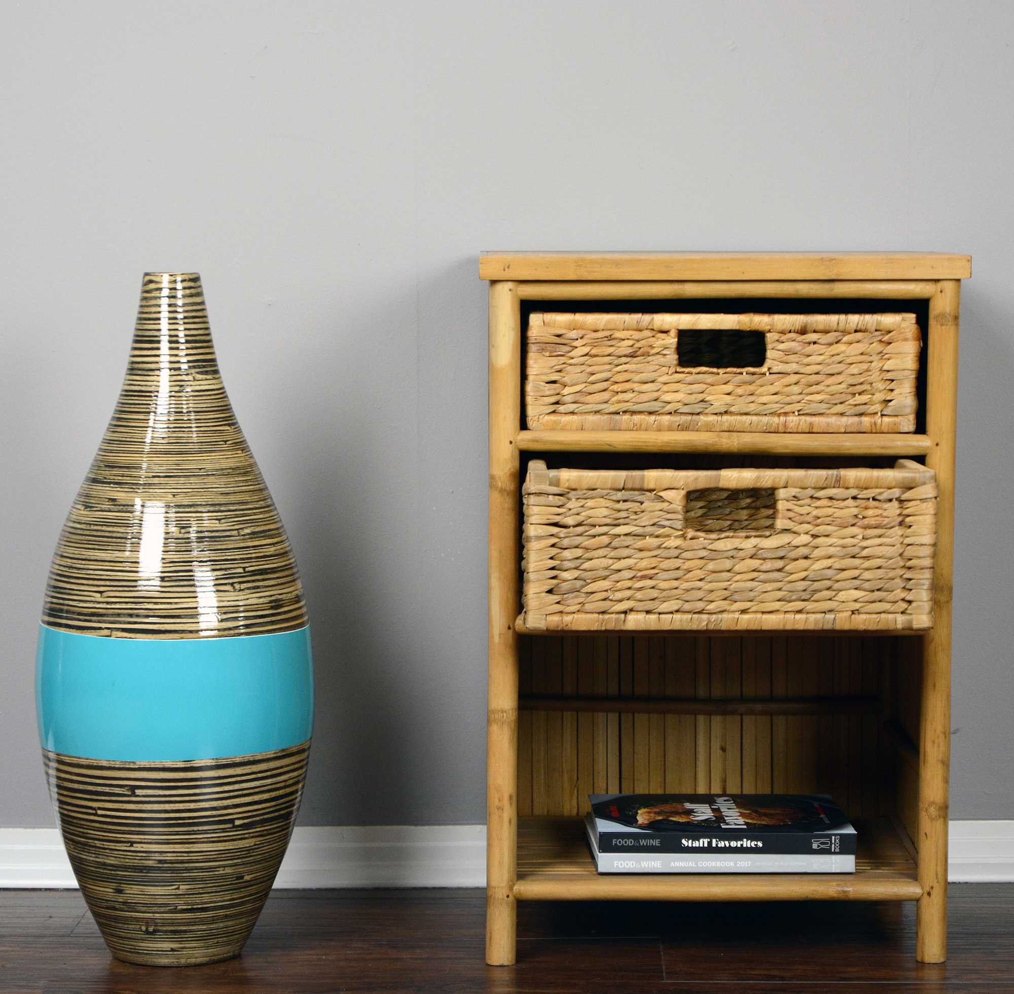 19" X 15.75" X 23.75" Natural Bamboo End Table with Baskets and a Shelf