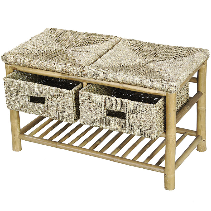 30.25" X 14" X 18" Natural Bamboo Storage Bench with a Shelf and Baskets