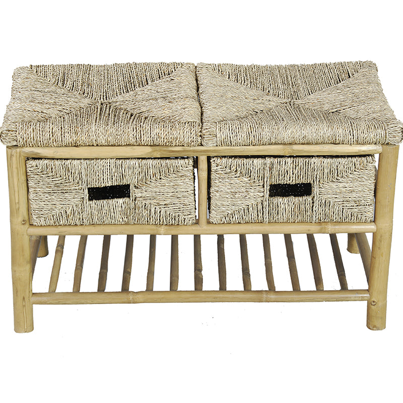 30.25" X 14" X 18" Natural Bamboo Storage Bench with a Shelf and Baskets