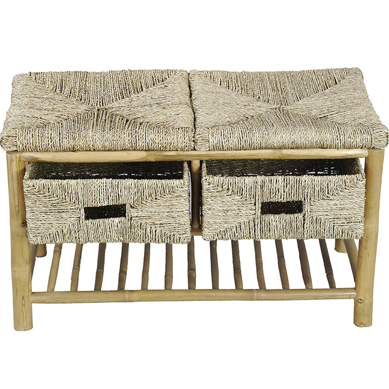 30.25" X 14" X 18" Natural Bamboo Storage Bench with a Shelf and Baskets