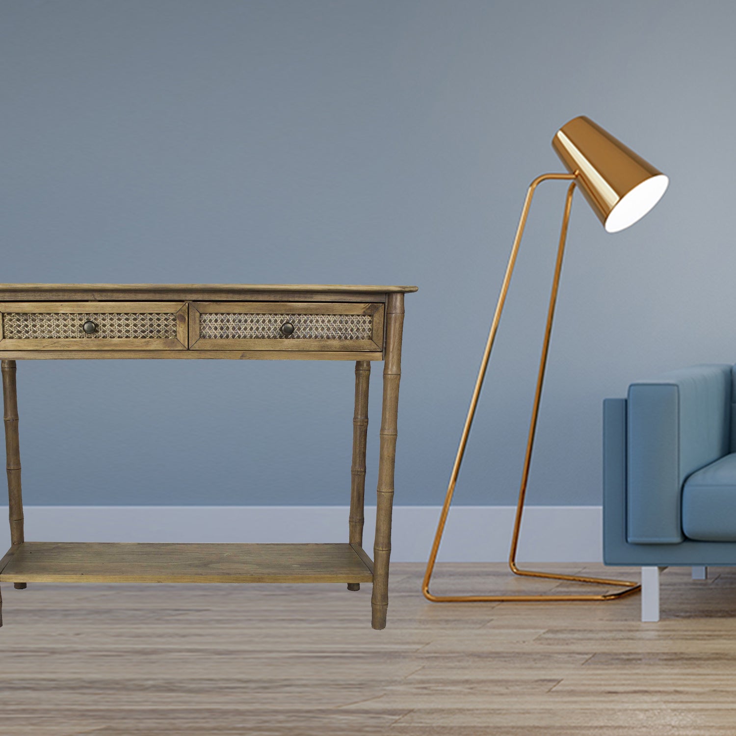 31.5" X 16" X 40" Rustic Wood Wood Pine Cane Cabinet with Drawers and a Shelf