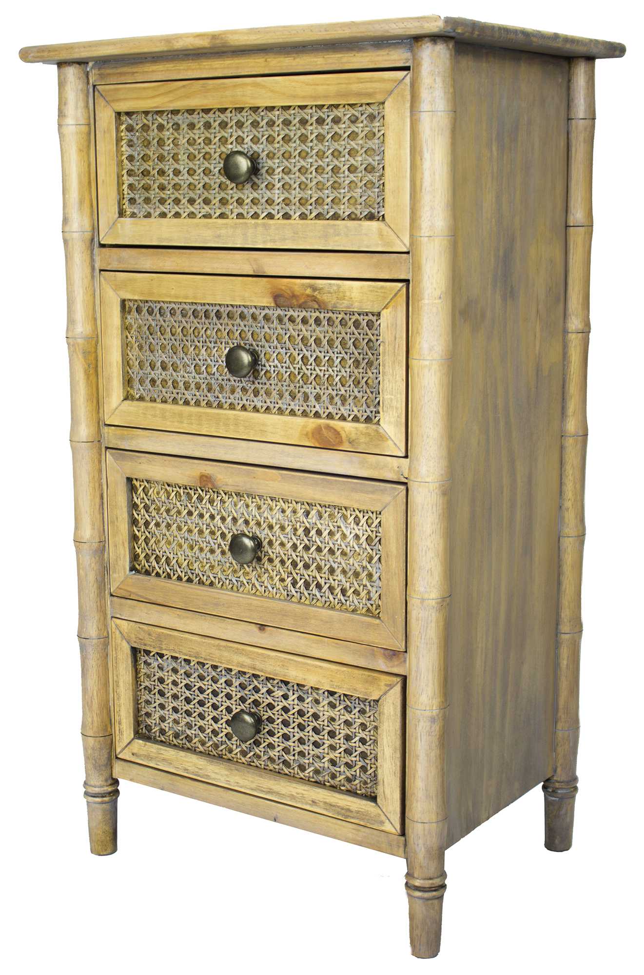 14" X 18" X 31.5" Rustic Wood Wood Pine Cane Cabinet with Drawers