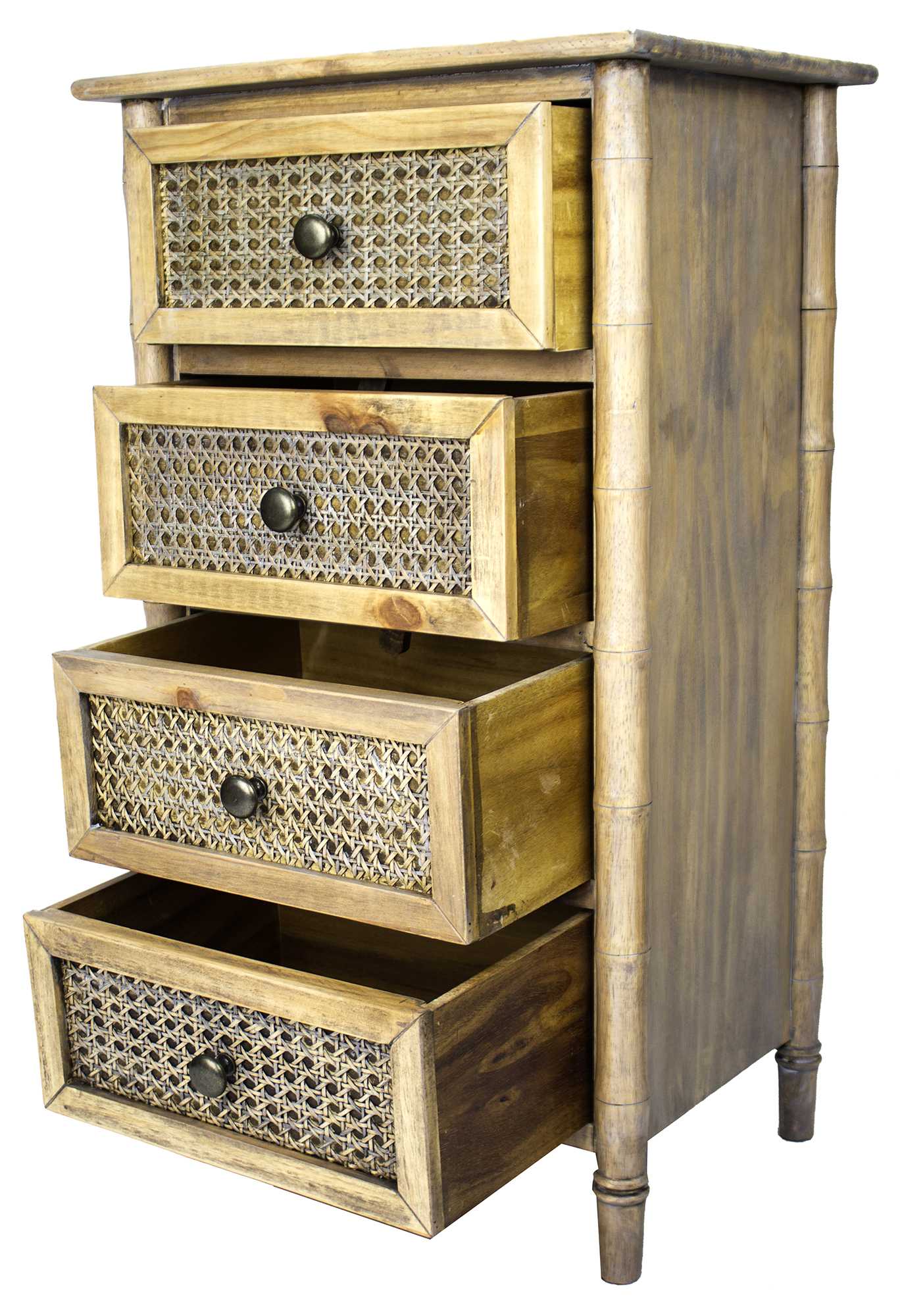 14" X 18" X 31.5" Rustic Wood Wood Pine Cane Cabinet with Drawers