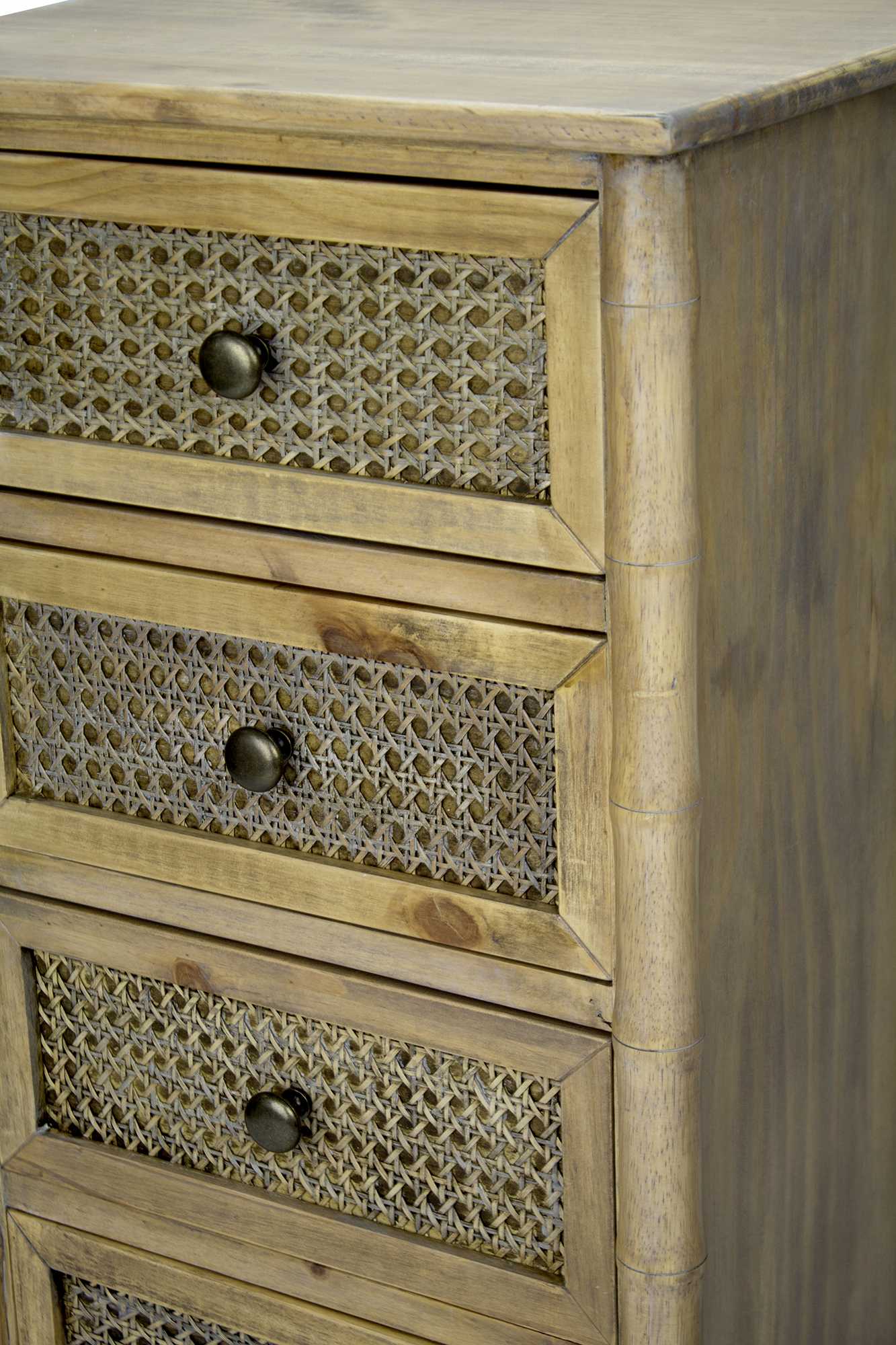 14" X 18" X 31.5" Rustic Wood Wood Pine Cane Cabinet with Drawers