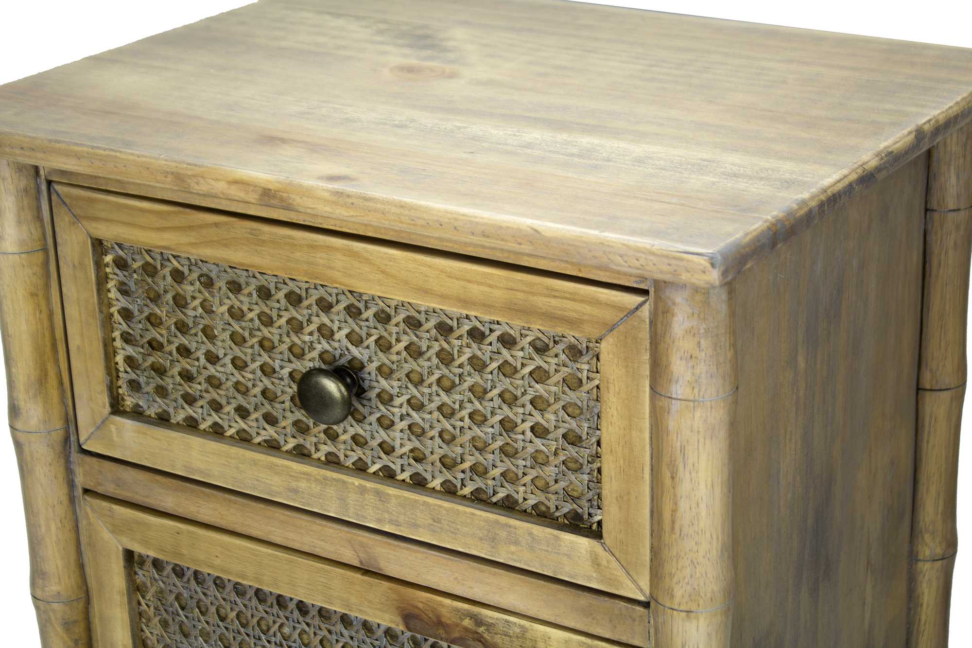 14" X 18" X 31.5" Rustic Wood Wood Pine Cane Cabinet with Drawers