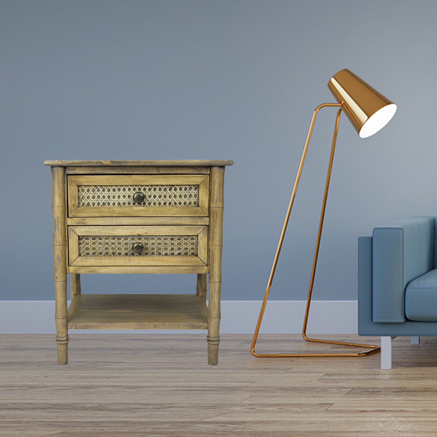 15" X 19" X 22" Rustic Wood Wood  Pine   Cane Cabinet with Drawers and Shelves