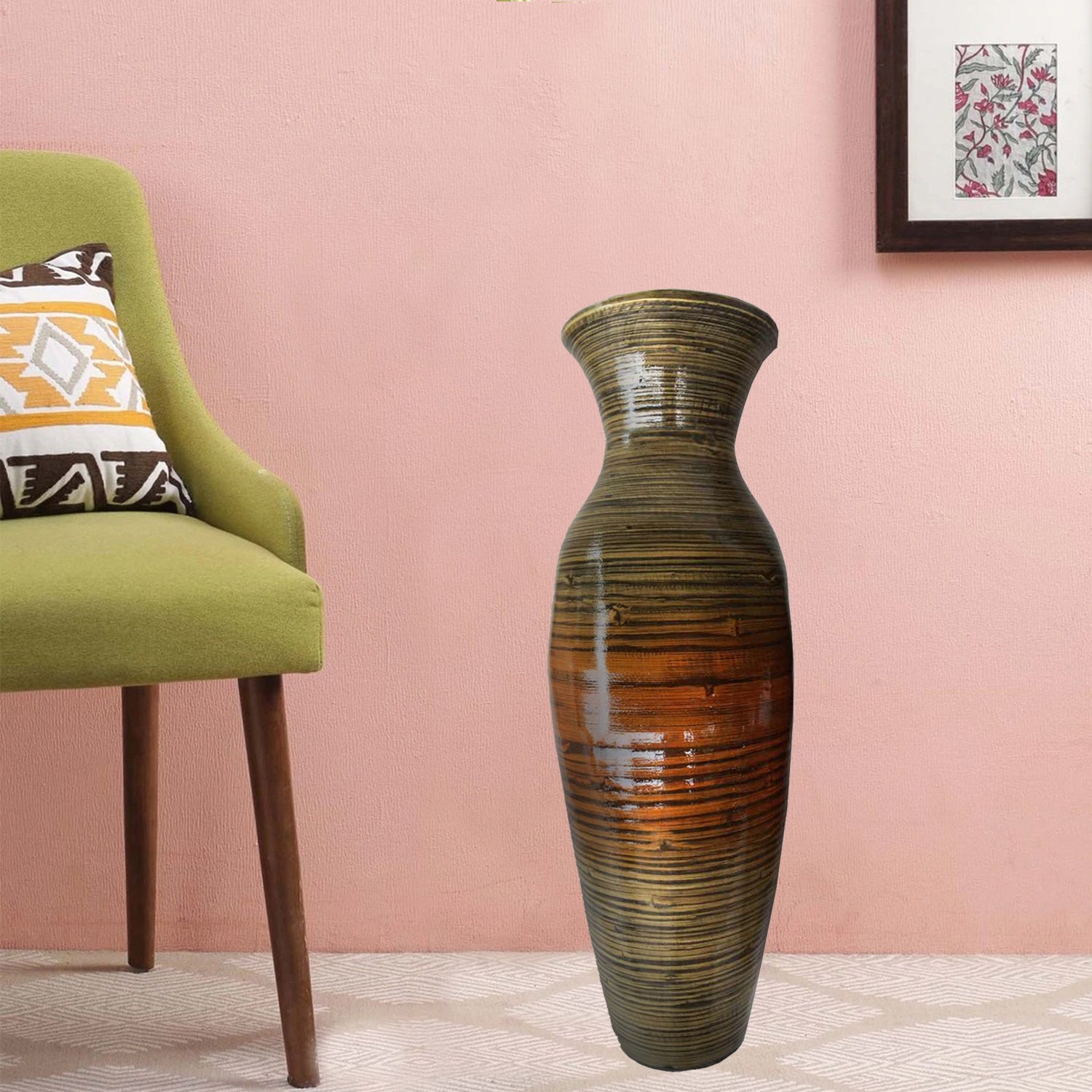 29.5" Tall Distressed Gold Spun Bamboo Floor Vase