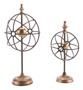 Set of 2 Steel Globes on Pedestal Sculptures