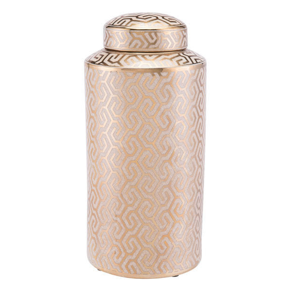 7.7" X 7.7" X16.1" Gold And White Zig Zag Covered Jar