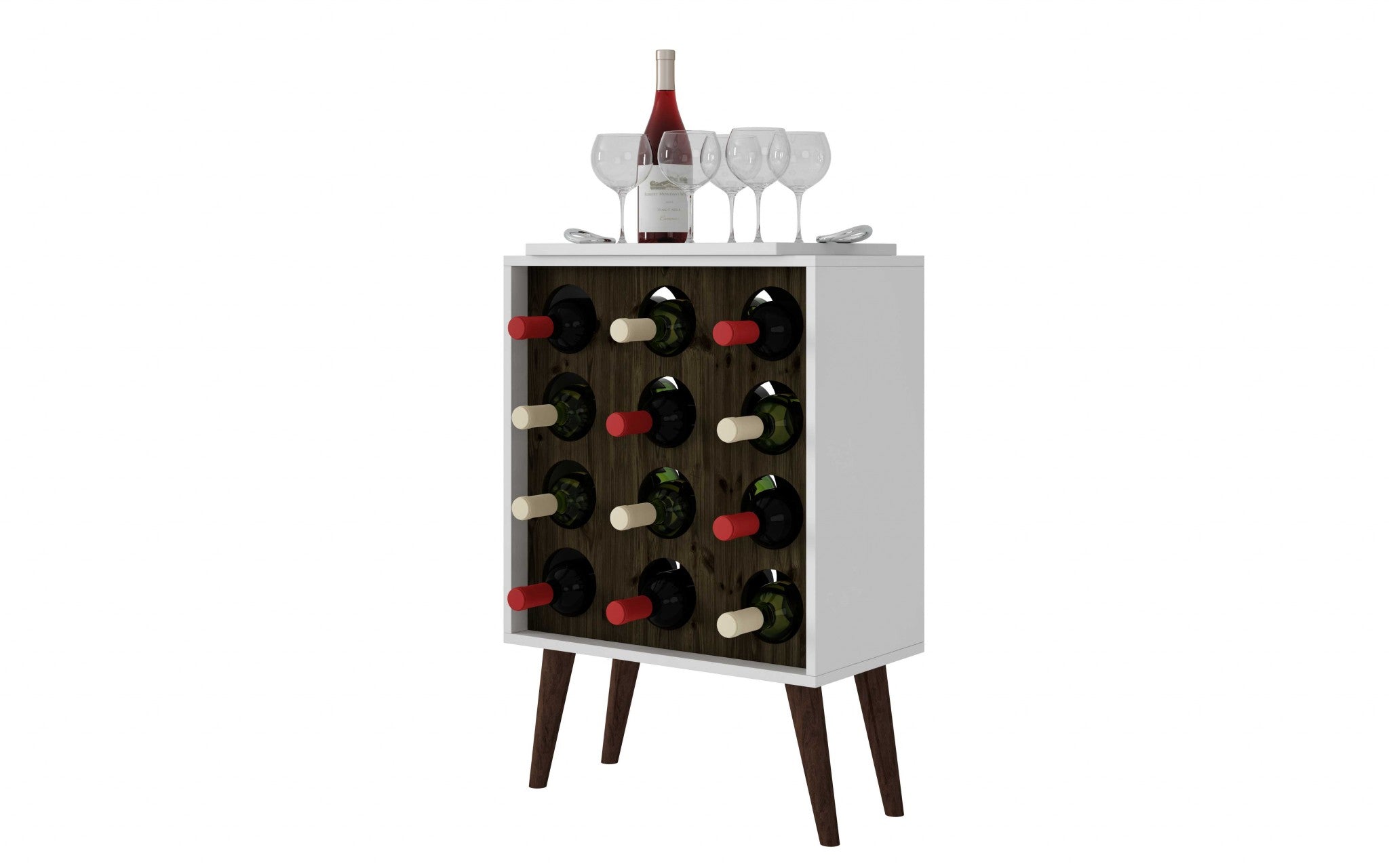 White Wine Cabinet for 12 Bottles with Wood Legs and a Brown Display
