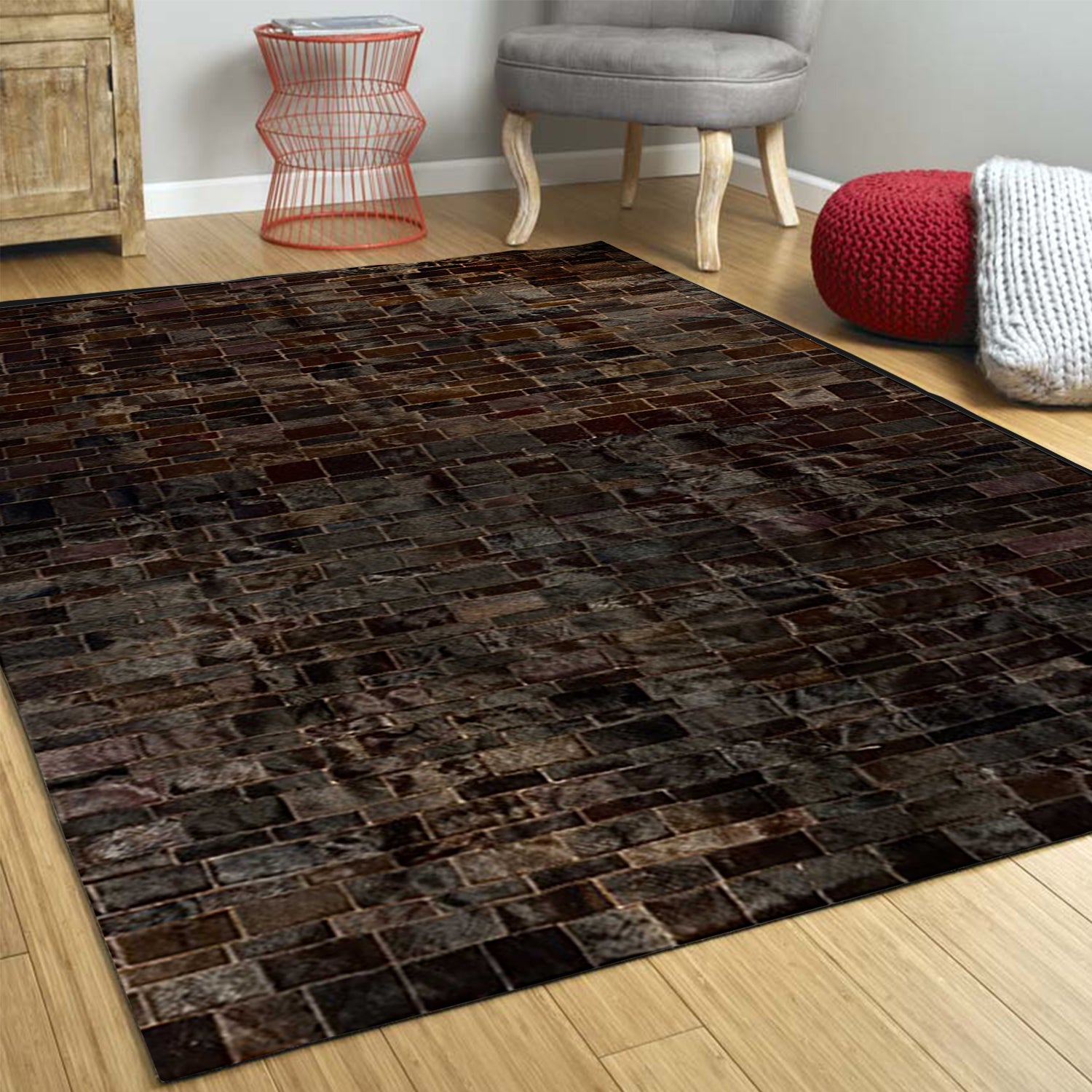 60" x 96" Chocolate, Cowhide Stitched - Area Rug