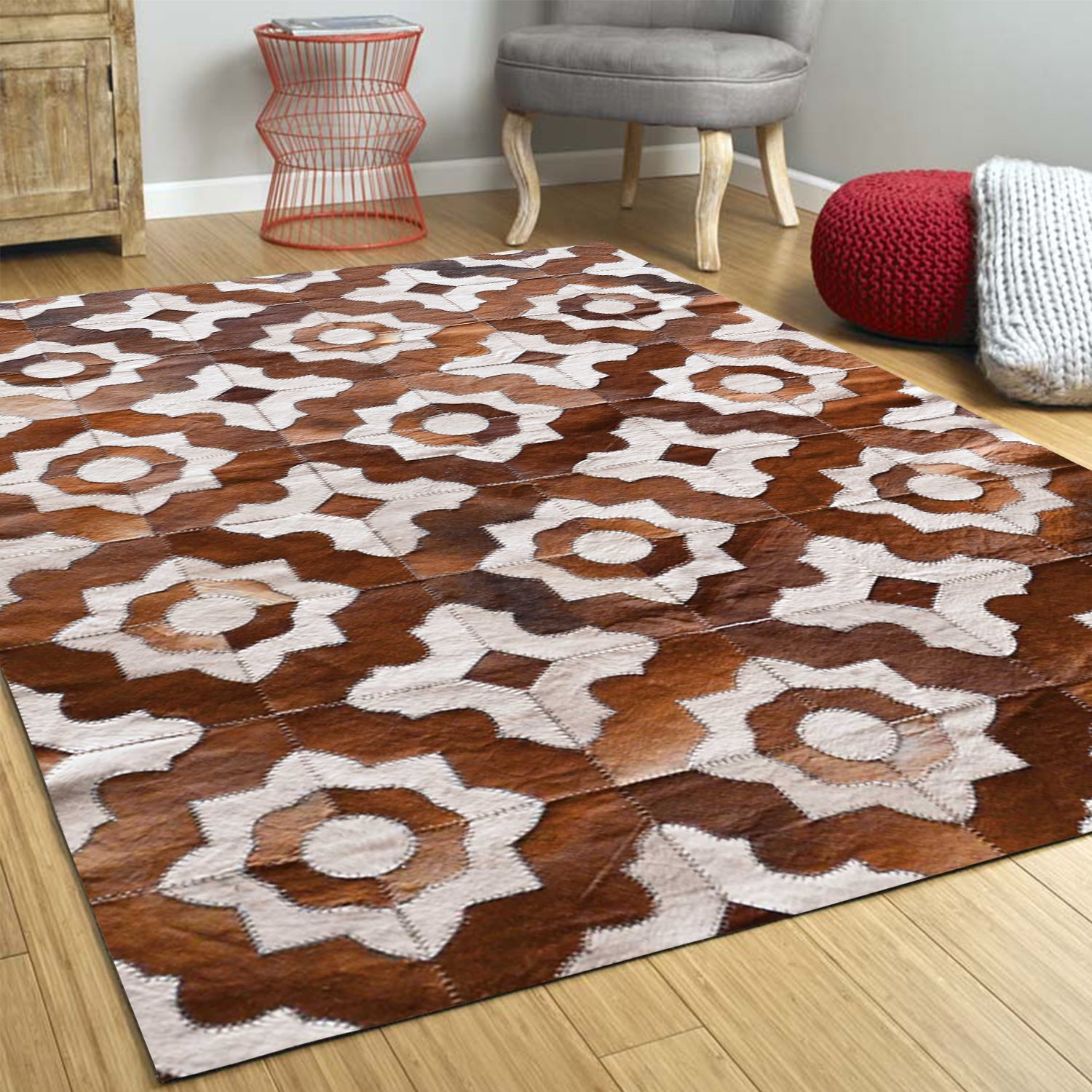 8" x 5" Brown And Natural Stitched Cowhide - Area Rug
