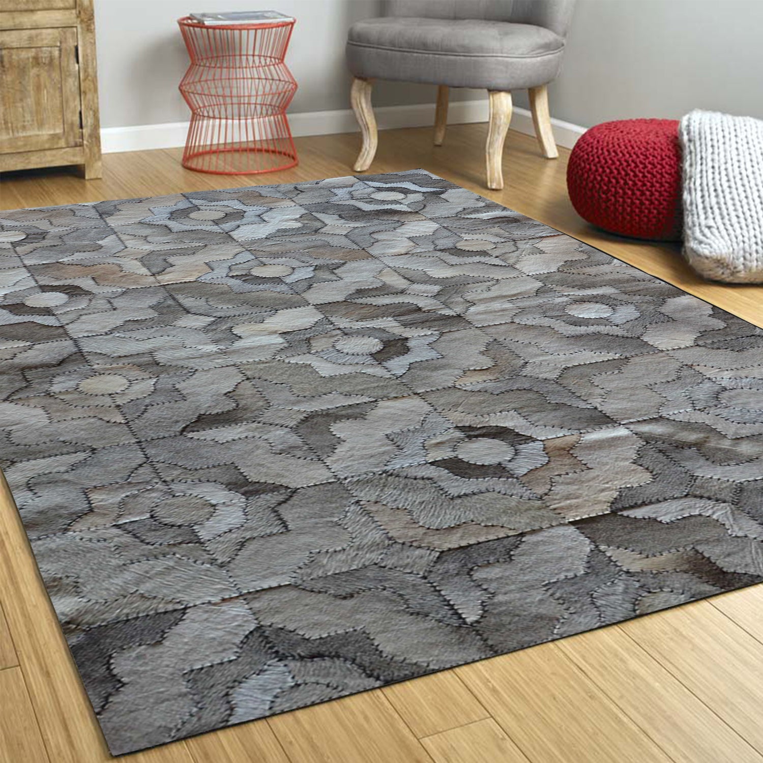 8" x 5" Gray Natural Stitched Cowhide - Area Rug